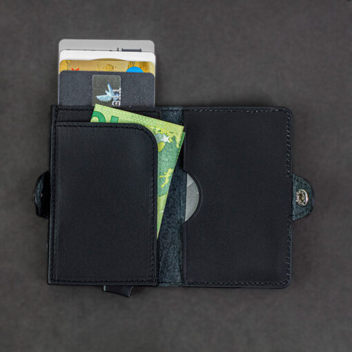 Echtleder Schwarz, Anthrazit, Dunkel, Smartwallet, Slimwallet, Kartenhalter, Cardholder, Münzfach, Mechanismus