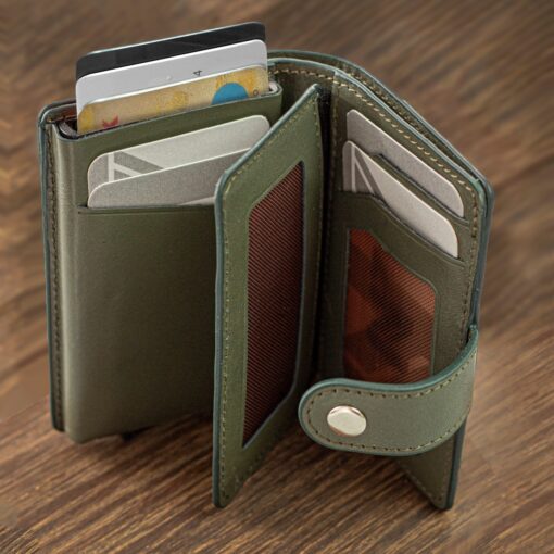 Echtleder Grün, Khaki Wildleder, Smartwallet, Slimwallet, Kartenhalter, Cardholder, Münzfach, Mechanismus